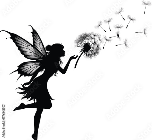 Fairy blowing dandelion silhouette vector—ornate wings, floating seeds, magical pose for fantasy, nature, and storybook themes