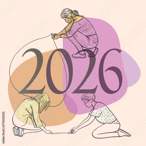 Three people interact with the year 2026 one jumping rope one measuring and one looking down creatively