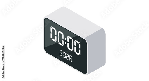 Sleek digital clock showing midnight and the year 2026, a modern timekeeping device, perfect for futuristic designs and time-related projects