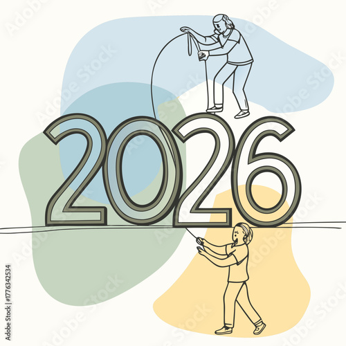 Two people working together to build and shape the year 2026 with a measuring tape and string