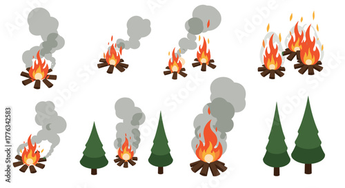 Flat campfire and pine tree set with smoke variations