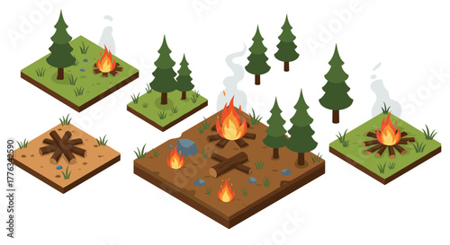 Isometric campfire stages with evergreen trees and grassland
