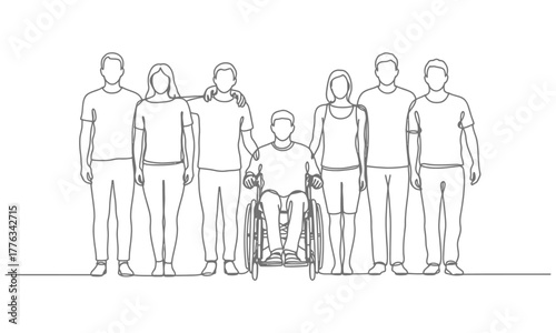 Group of people standing together with person in wheelchair line art illustration
