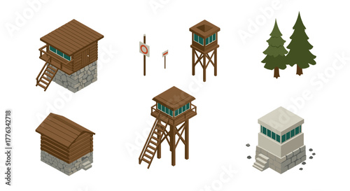 Isometric forest watchtower and cabin set with pine trees and road signs