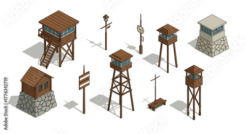 Isometric watchtowers and wooden structures collection with rustic signs