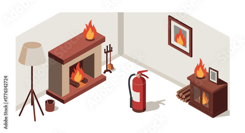 Cozy isometric room with fireplace and fire safety elements