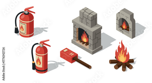 Isometric fire safety and cozy elements extinguisher, fireplace, campfire