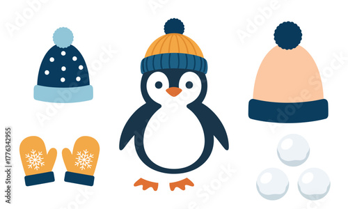 Cute penguin with winter hat gloves and snowballs illustration
