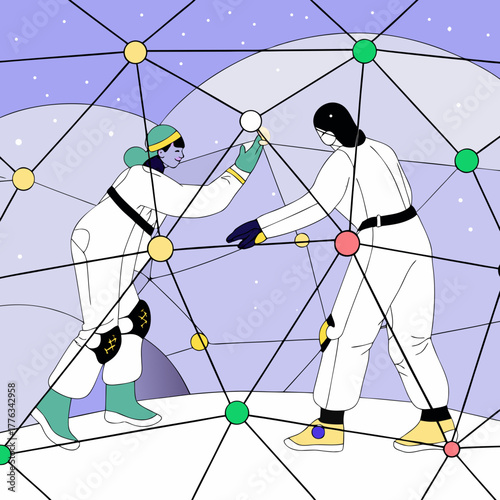 Two astronauts in white suits reaching out to connect glowing nodes in a cosmic network under a starry sky