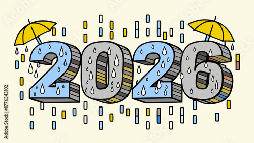 The year 2026 is depicted in bold 3d lettering with a whimsical rain shower and yellow umbrellas protecting the numbers