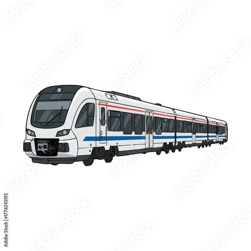 Sleek modern passenger commuter train illustration, depicting efficient public transportation and urban travel. High-speed railway vehicle for city connections and daily transit