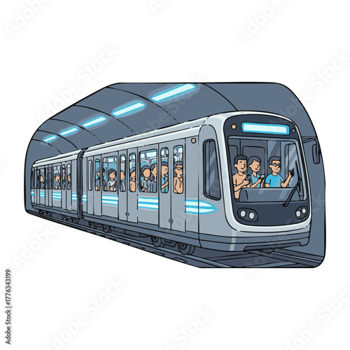 Illustration of a subway train, with passengers, moving through an illuminated tunnel. Represents efficient urban public transportation for daily city commutes and connectivity
