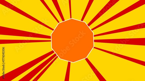 Decagon symbol on the background of animation from moving rays of the sun. Large orange symbol increases slightly. Seamless looped 4k animation on yellow background