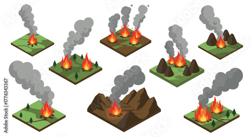Set of isometric wildfire scenes with smoke and flames on landscapes