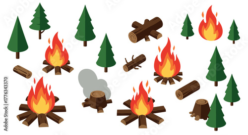 Isometric campfire and pine tree elements for outdoor scenery design