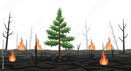 Growing tree amidst forest fire with burning flames and charred landscape