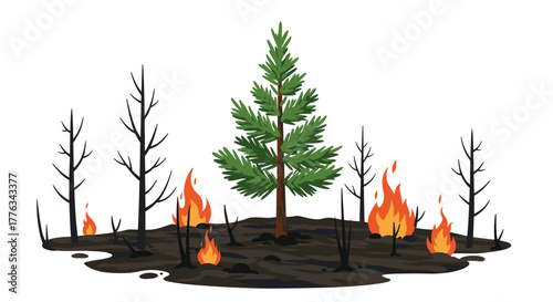 Regrowth of nature a lone pine tree survives amidst forest fire aftermath