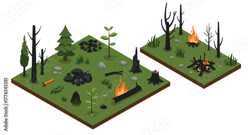 Isometric forest fire scenario with regrowth and charred trees