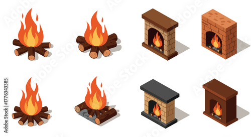 Isometric campfires and fireplaces collection cozy and rustic designs