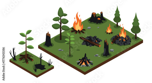 Isometric visualization of forest regeneration and fire impact on nature
