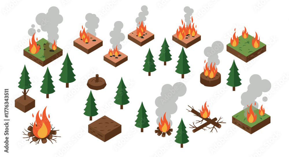 Fototapeta premium Isometric forest fire elements with trees and fires in various stages