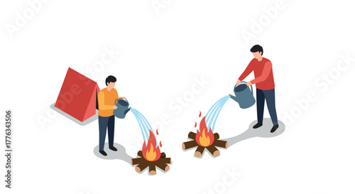 Isometric camping scene with campers extinguishing fire using water