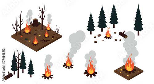 Isometric forest fire elements with trees and smoke identifiers