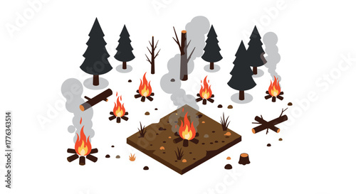 Isometric forest fire composition with trees and smoke on white background