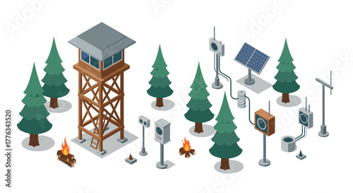 Isometric forest observation tower with surveillance equipment and solar panels