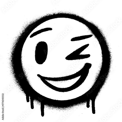 Black spray paint stencil of a winking face, dripping paint style, urban graffiti street art.
