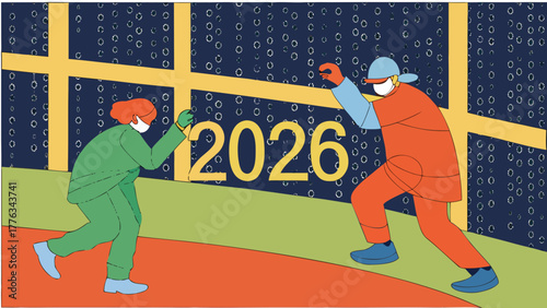 Two people in protective gear placing the number 2026 on a window with a stormy background symbolizing future challenges ahead
