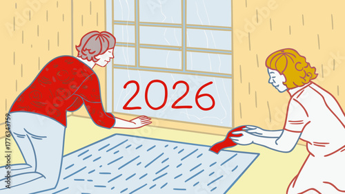 Two women prepare for the year 2026 by cleaning a rug near a window with rain or snow outside