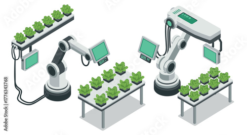 Futuristic indoor farming with robotic arms in isometric design