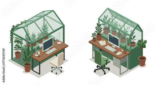 Green office spaces isometric ecofriendly desk inside glass greenhouses