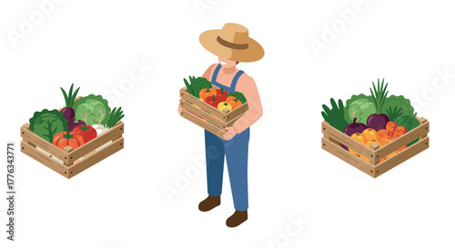 Farmer holding crate of fresh vegetables with isometric farm produce display