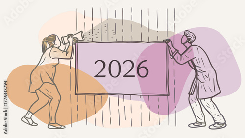 Two people collaborate to hang a banner displaying the year 2026 symbolizing future planning and teamwork