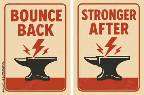 Resilience Banners. Resilience. Two vertical A6 banners with safe margins, centered composition, no elements touching edges, retro, red and beige, anvil,