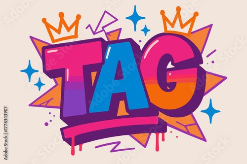 Vibrant Graffiti Creativity. Mirror Tag ? Graffiti Simplified; thick bubble/block letters on a tilted baseline; flat spray fills with bold outline and a few