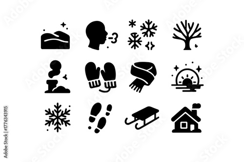 Winter Dawn Icons. Winter dawn. Solid icons set of Winter dawn: snowfield, frosty breath, ice crystals, bare tree, chimney smoke, mittens, scarf, sunrise halo,