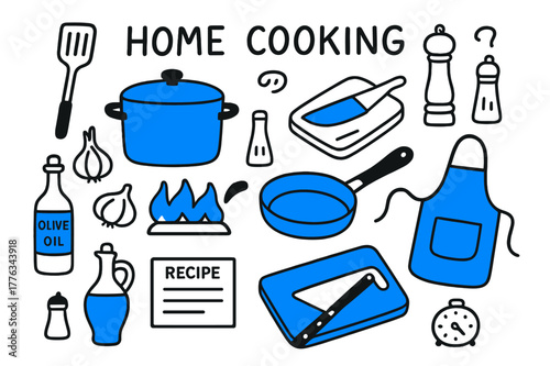 Home Cooking Essentials. // Home cooking. Hand-drawn doodle illustration Home cooking [pot (accented), skillet (accented), spatula, cutting board (accented),