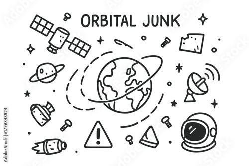 Orbital Junk Doodles. Orbital junk. Hand-drawn doodle illustration orbital junk satellites, bolts, metal plates, rocket parts, Earth orbit, radar dish, warning