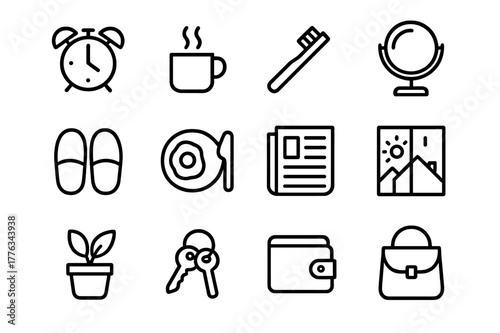 Morning Routine Icons. Morning Routine. Line icon set of Morning Routine: alarm clock, steaming mug, toothbrush, mirror, slippers, breakfast plate, newspaper,