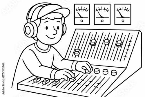 Sound Mixing Coloring Fun. Mastering sound children?s coloring book illustration, outlined drawing, a producer adjusting volume meters and equalizer knobs on a
