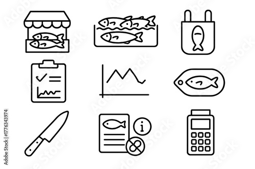 Fish Market Icons. Fish Markets and Consumers. Line icon set of Fish Markets and Consumers: market stall, iced fish display, weighing scale, reusable bag,