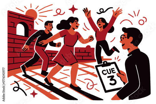 Golden Hour Rehearsal. Amphitheater ? Golden Hour Rehearsal. Performers block scenes with relaxed focus; sun streaks carve long shadows on the stone floor.