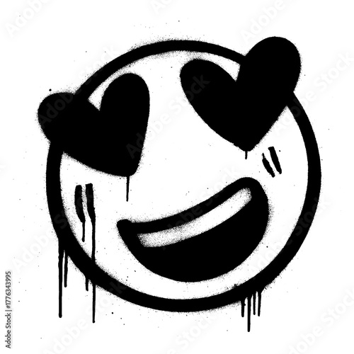 Black spray paint stencil of a smiley face with heart eyes, dripping paint effect, urban street art style.