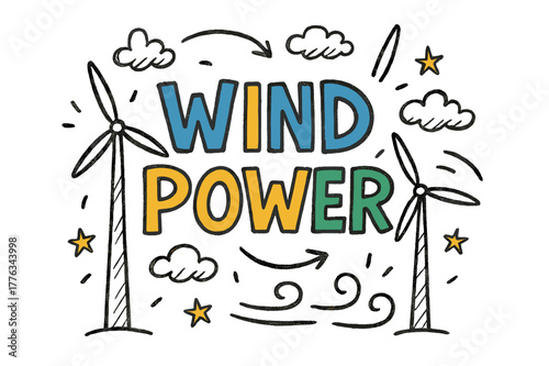 Wind Power Playfulness. Wind Power ? Doodle / Sketch; lettering: playful hand-drawn with rough sketch outlines; layout: casual with arrows and stars; effects: