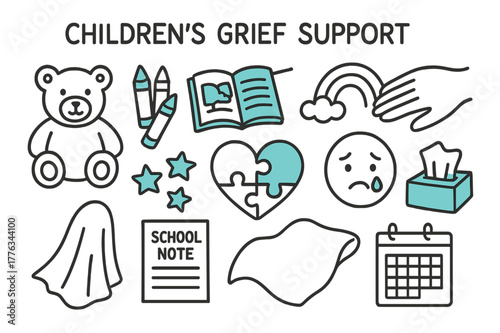 Children's Grief Support Symbols. // Children?s grief support. Hand-drawn doodle illustration Children?s grief support [stuffed bear (accented), crayons