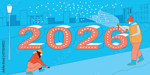 Two people in winter clothing set up large illuminated numbers spelling out 2026 in a city at night