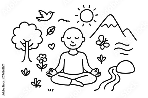 Serene Outdoor Meditation. Meditation outdoors. Hand-drawn doodle illustration meditation outdoors lotus pose figure, mountain, tree, sun, bird, calm face,